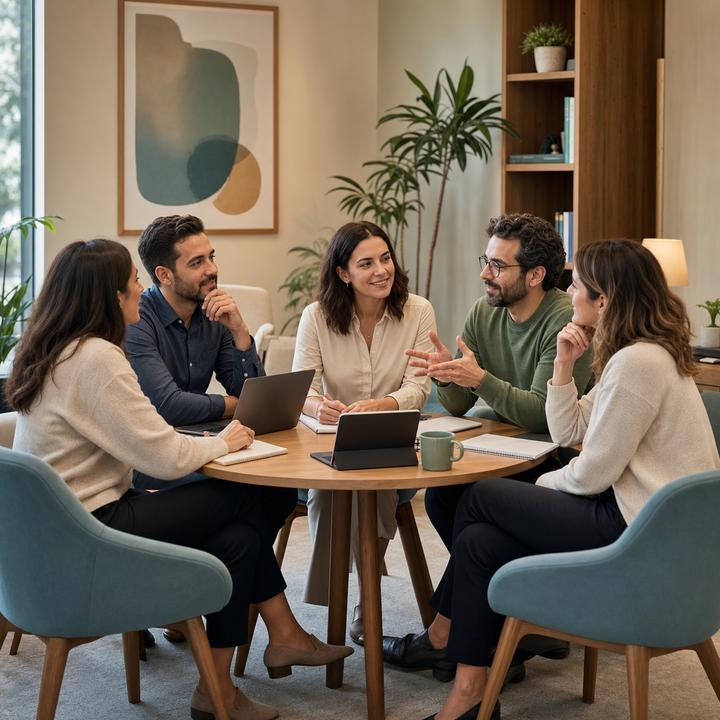 Equipo de profesionales de una clínica de psicología reunido en una sesión de trabajo